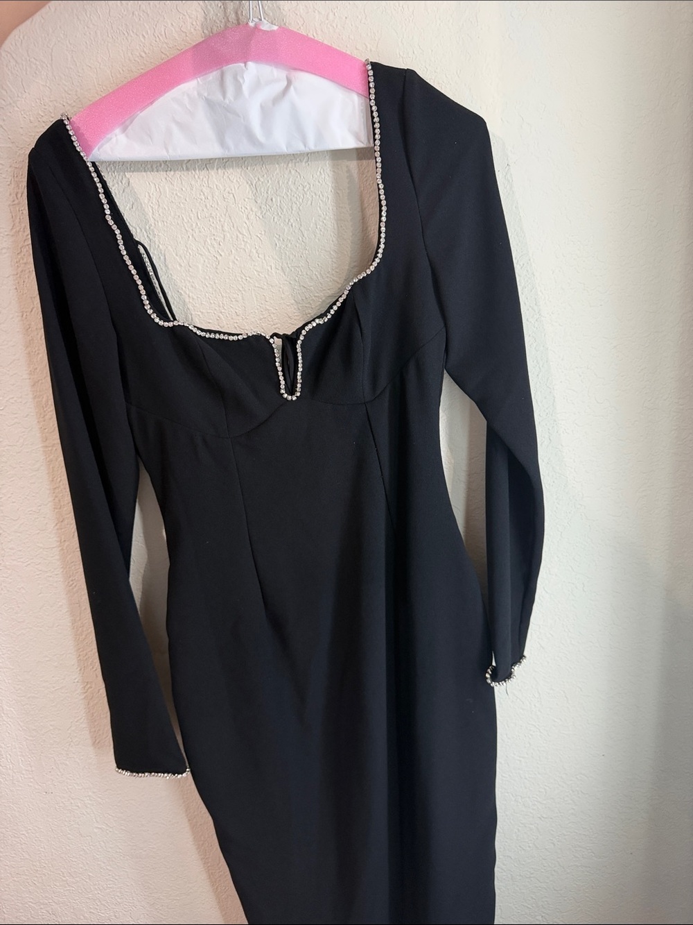 House of CB Black Long-Sleeve Rhinestone-Trim Midi Dress